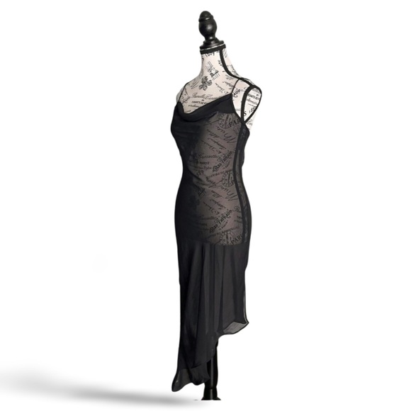 Vintage 90s Black Sheer Mesh Club Dress Open Back Asymmetrical Soft Goth Small - Picture 4 of 7